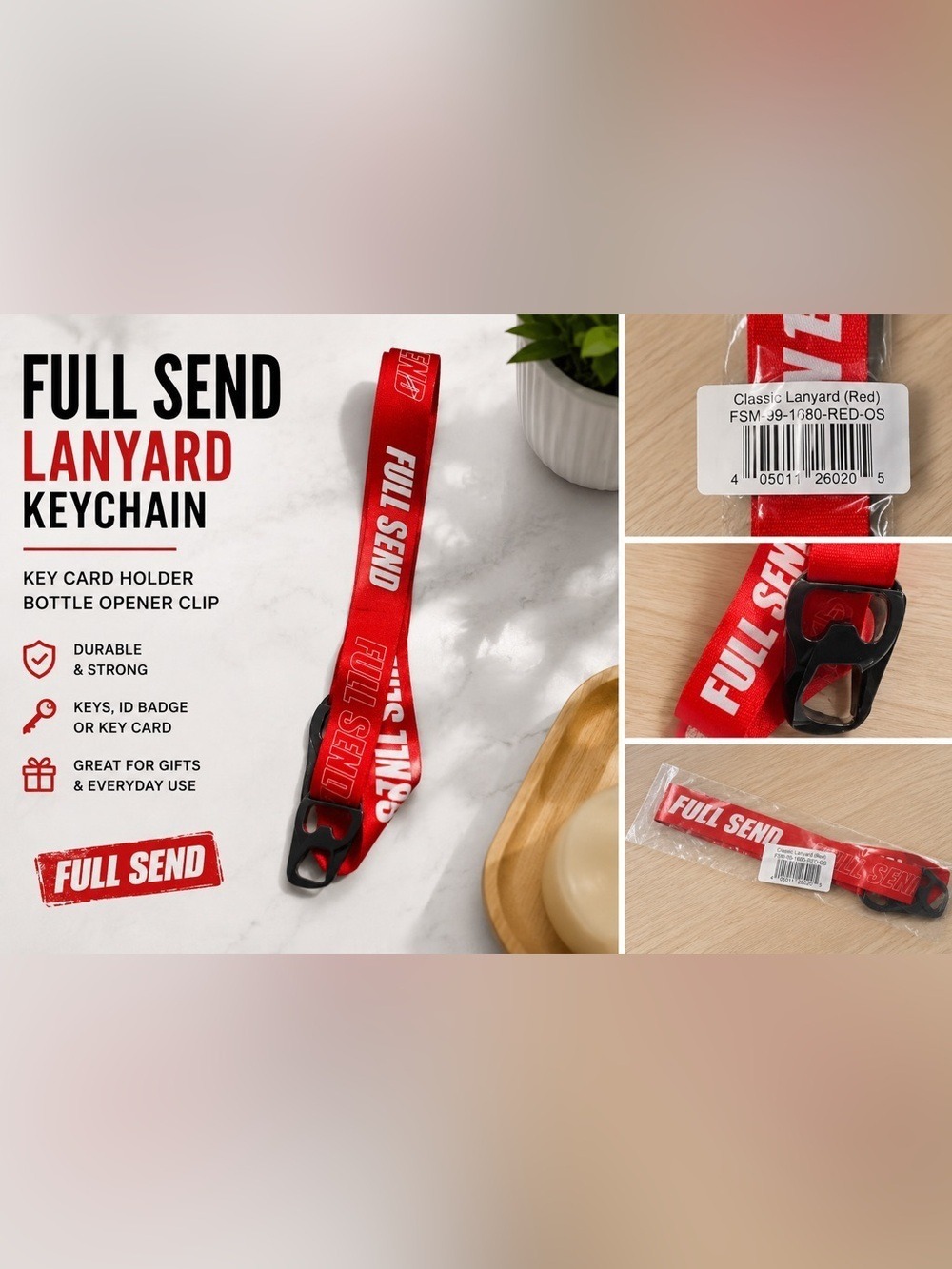 Full Send Red Logo Lanyard Keychain Key Card Holder NWT